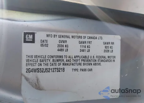 2002 Buick Century Custom from USA, damaged, VIN 2G4WS52J521273218